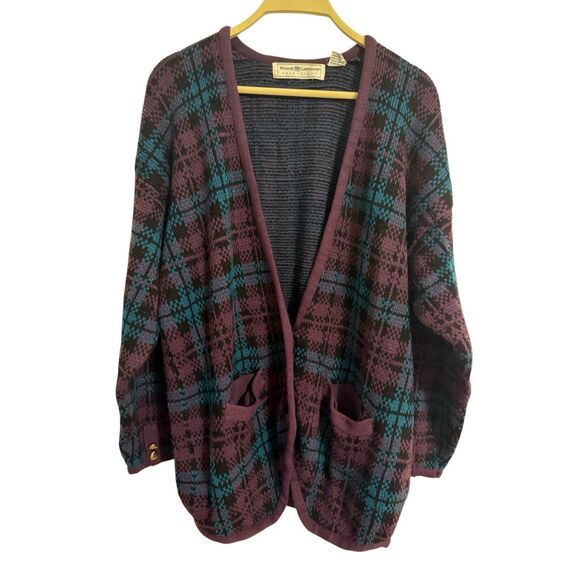 Vintage Maggie Lawrence Plaid Acrylic Purple Sweater Cardigan Oversized Small - Picture 2 of 13